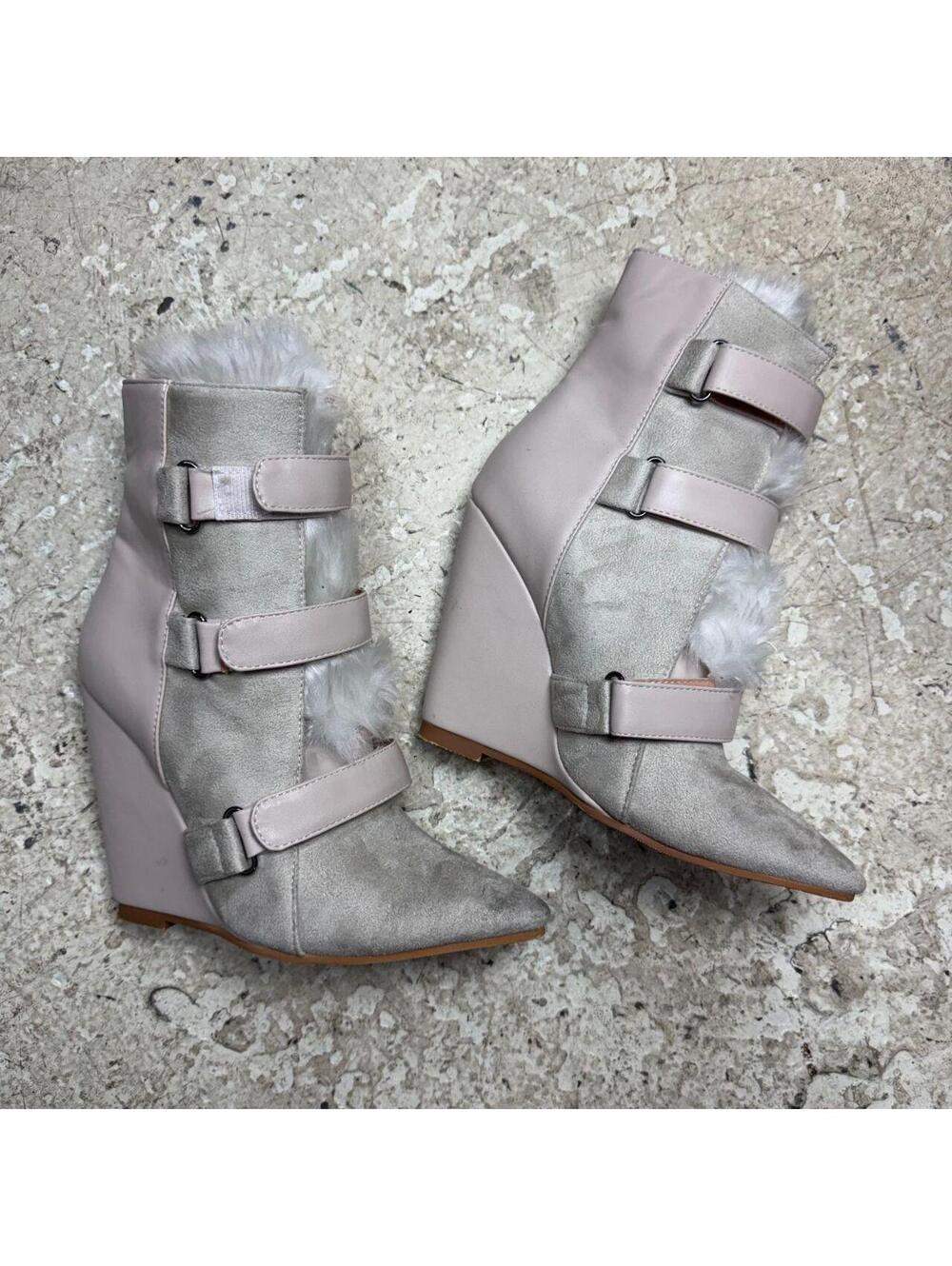 Dove Gray Faux-Suede & Shearling Multi-Strap Wedge Ankle Booties